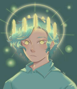 a fanart of scott smajor with a glowing effect, yellow eyes, cyan hair, and a yellow halo with yellow crystals