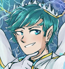 a fanart of scott smajor wearing a smirk and a crown. he has blue eyes and blue hair