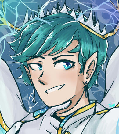 a fanart of scott smajor wearing a smirk and a crown. he has blue eyes and blue hair