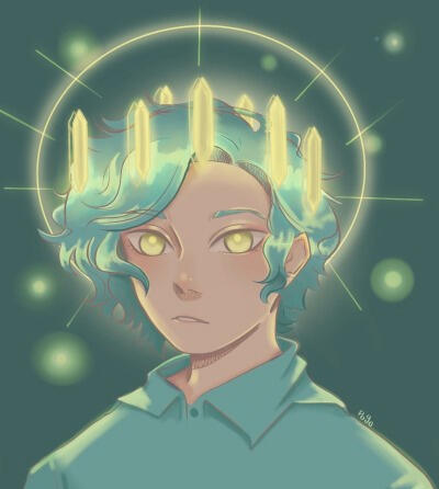 a fanart of scott smajor with a glowing effect, yellow eyes, cyan hair, and a yellow halo with yellow crystals